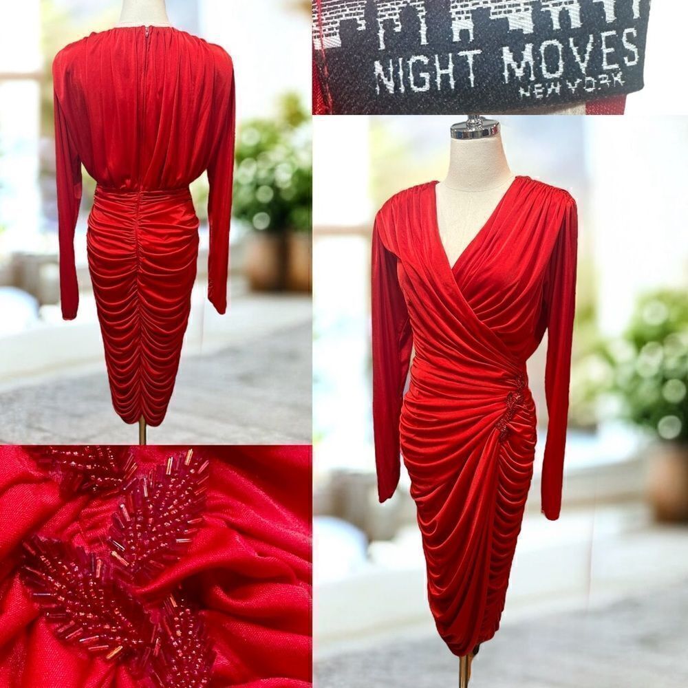 🔥 NIGHT MOVES Retro Ruched Embellished Beaded Prom Cocktail Dress Size 13/14